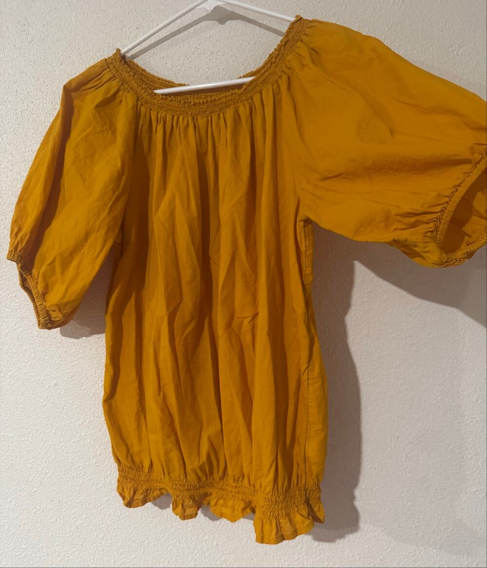 Preppy Mustard Old Navy Puff Sleeve Smocked Flowy Blouse Boho Peasant Festival